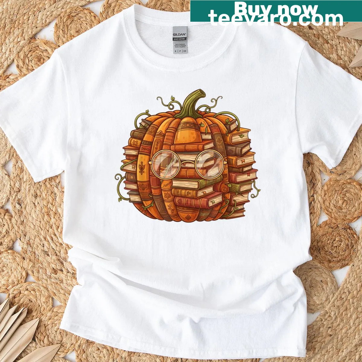 Pumpkin and books graphic on a fall teacher Halloween T-shirt — on a men's t-shirt