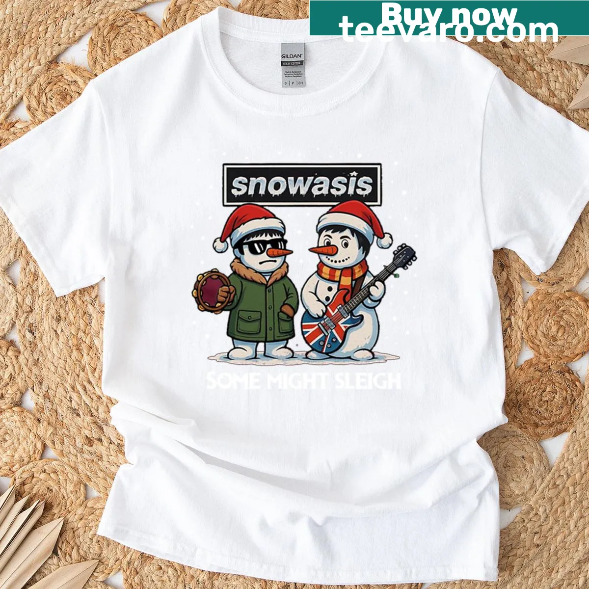 Christmas t-shirt featuring a snowman rock band and humorous text — on a men's t-shirt