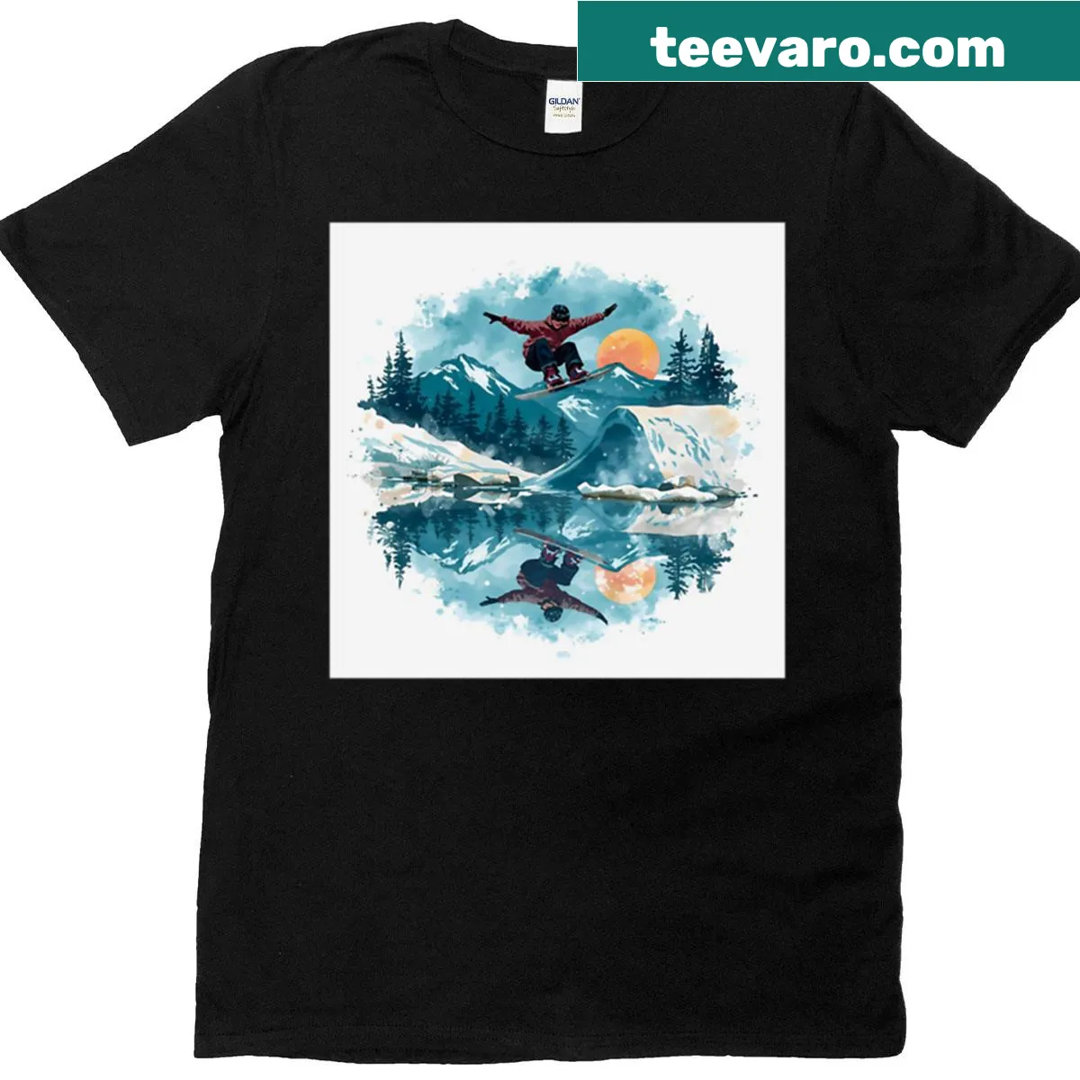 Illustration of snowboarders against a waterscape on an oversized t-shirt — on a men's t-shirt