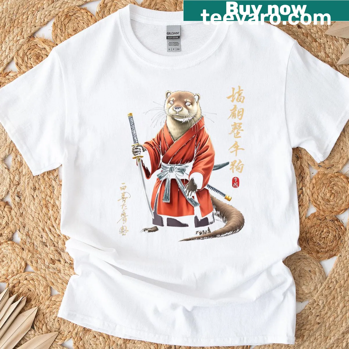 T-shirt featuring an otter warrior illustrated with Asian characters — on a men's t-shirt