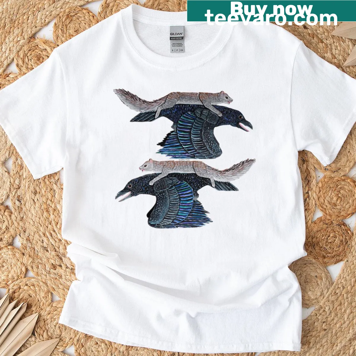 T-shirt with a whimsical illustration of a squirrel on a raven — on a men's t-shirt
