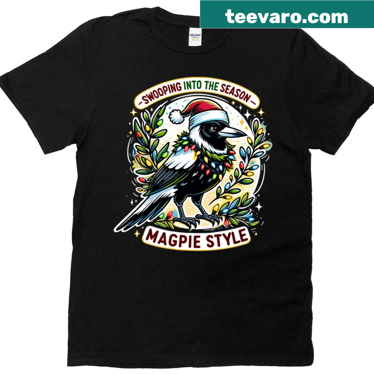 Aussie-themed Christmas t-shirt with playful magpie graphics — on a men's t-shirt