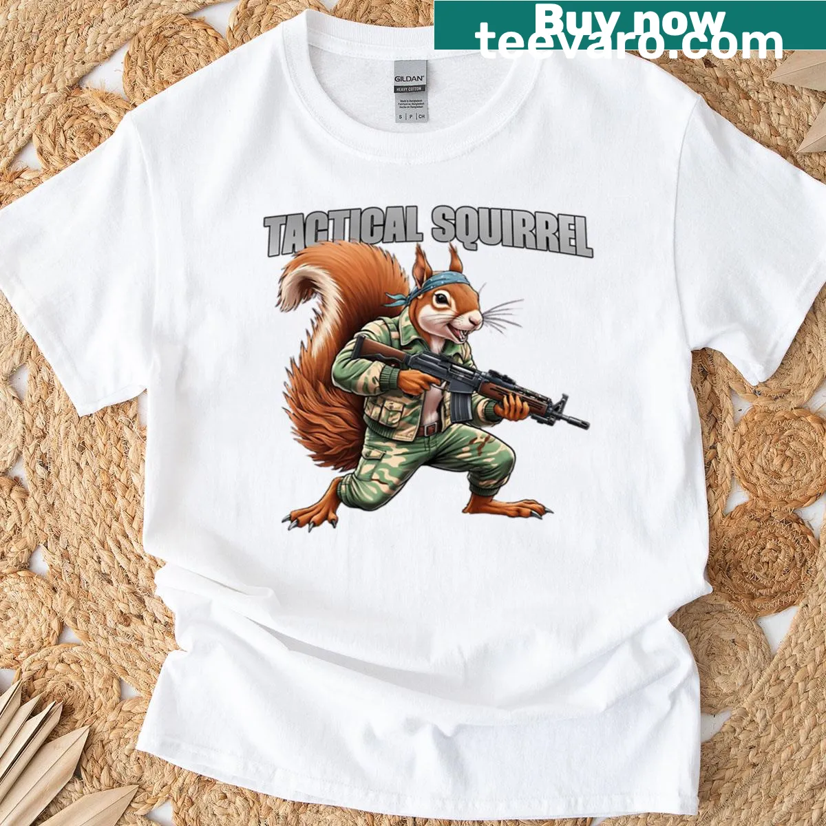 Oversized t-shirt with a tactical squirrel design in a humorous military style — on a men's t-shirt