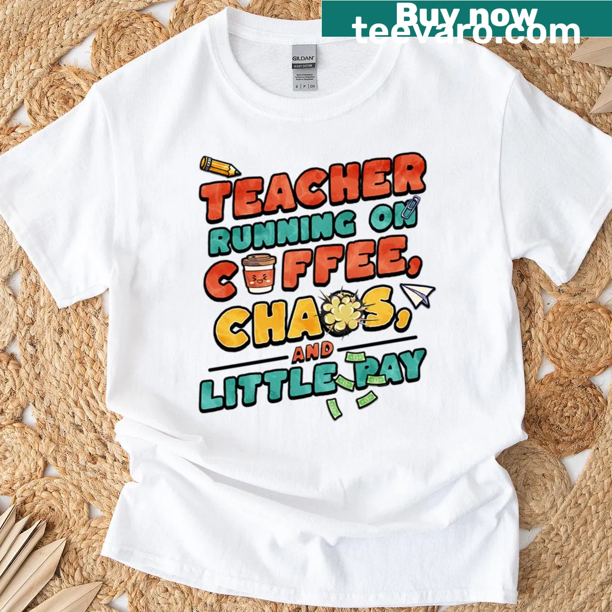 Wholesome T-shirt for teachers with a humorous saying about coffee and chaos. — on a men's t-shirt