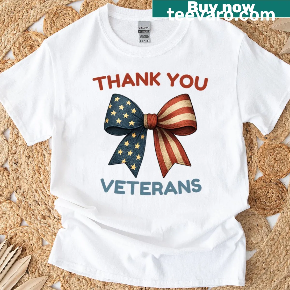 Graphic T-shirt featuring an American flag bow and humorous text for Veterans Day. — on a men's t-shirt