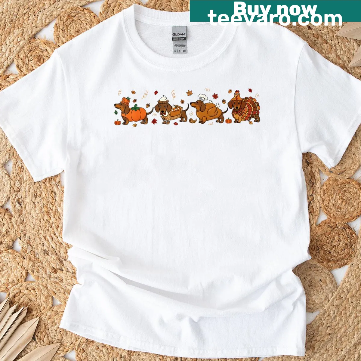 Thanksgiving T-shirt with dachshund turkey illustration — on a men's t-shirt