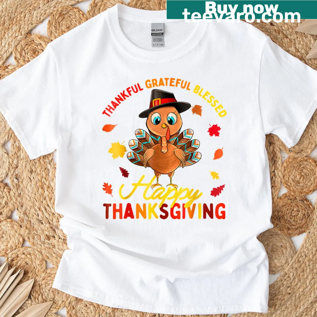 Thanksgiving t-shirt with turkey and thankful, grateful, blessed text — on a men's t-shirt