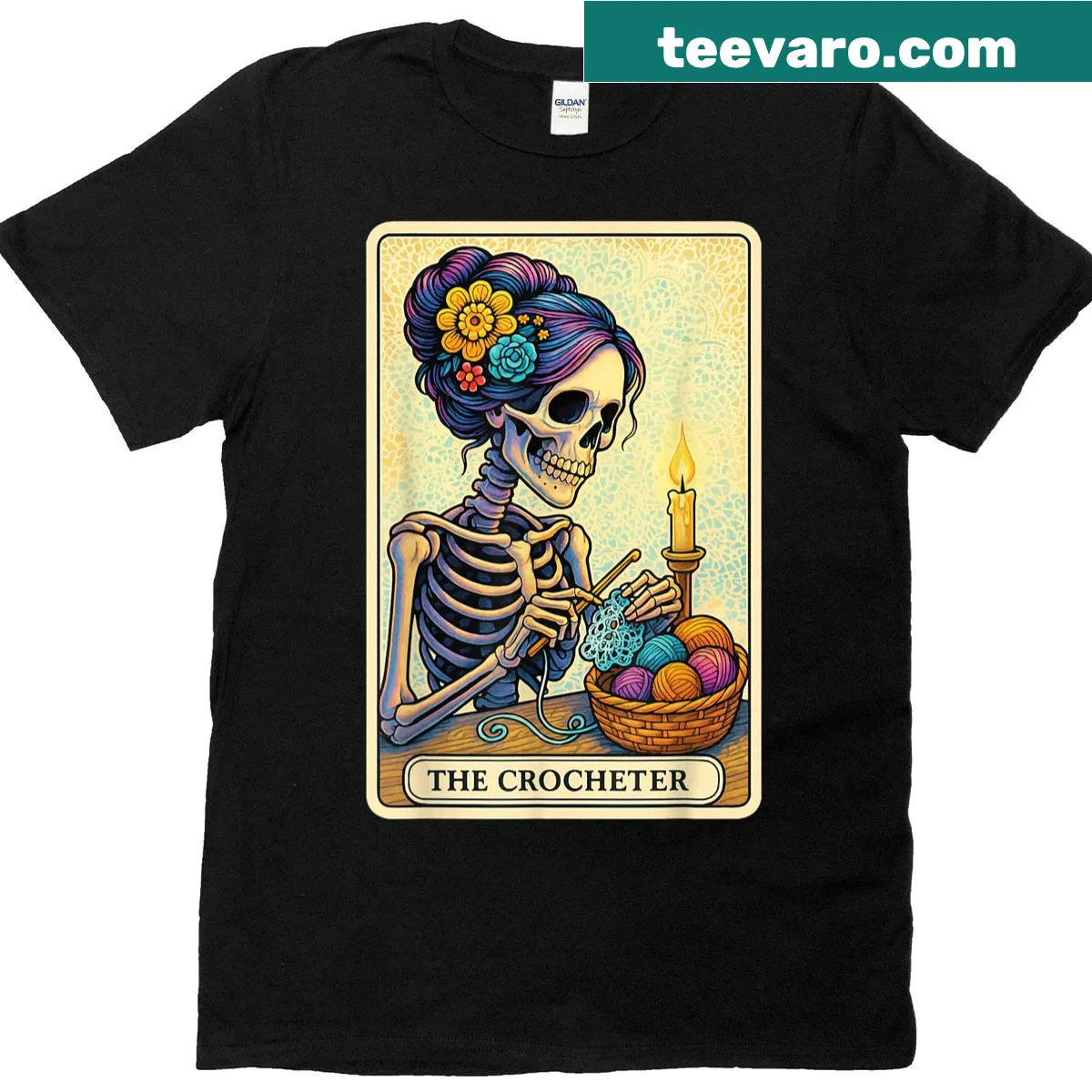 Illustrated tarot card design featuring crochet tools on a t-shirt — on a men's t-shirt