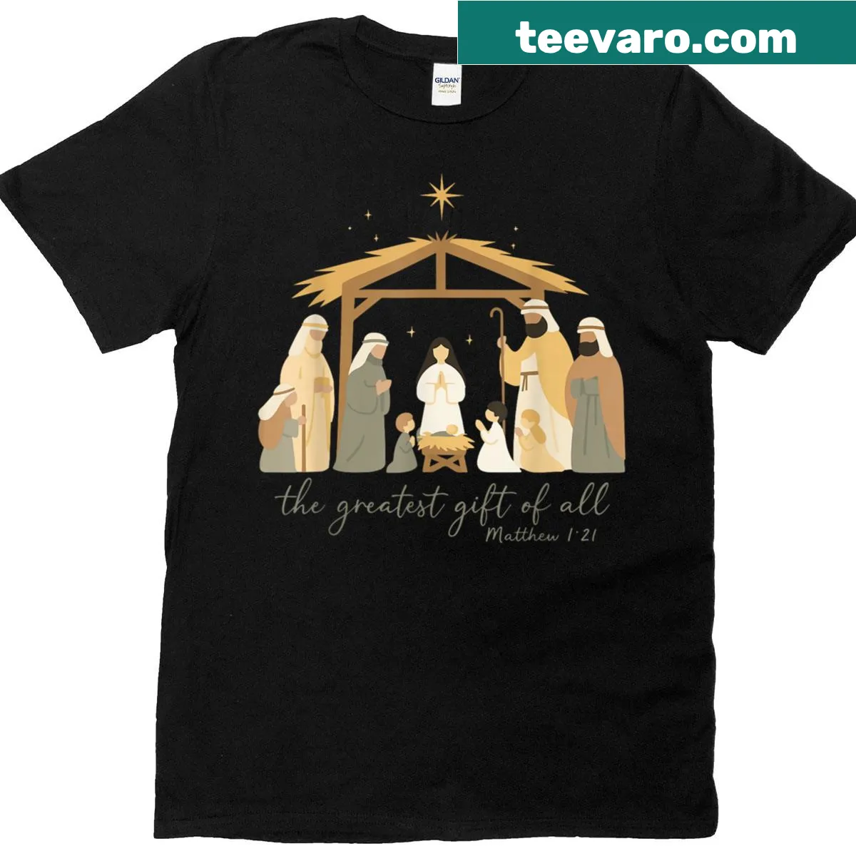 Nativity scene T-shirt with Jesus and holiday message for Christmas — on a men's t-shirt