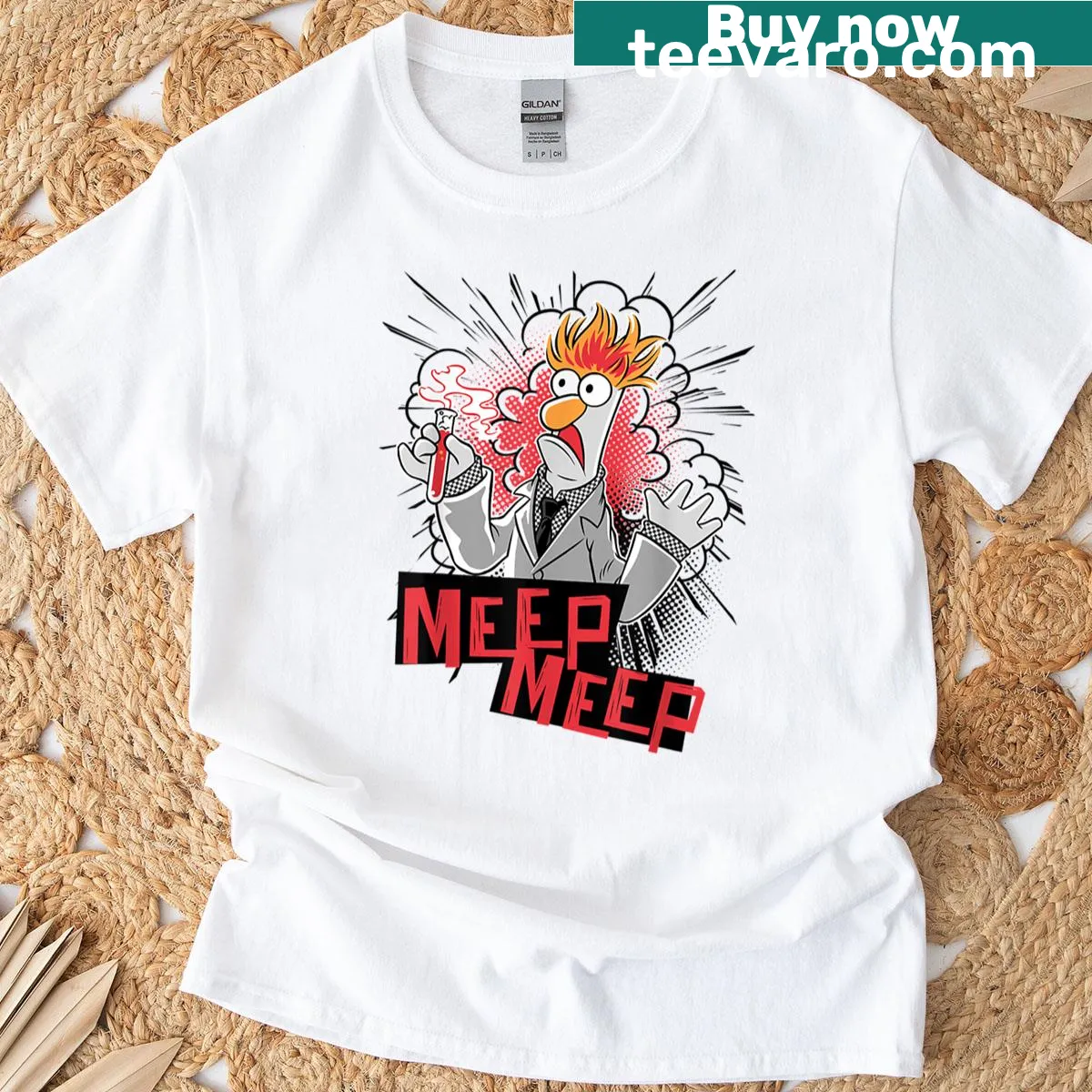 Oversized t-shirt featuring Beaker from The Muppets saying 'Meep Meep' — on a men's t-shirt