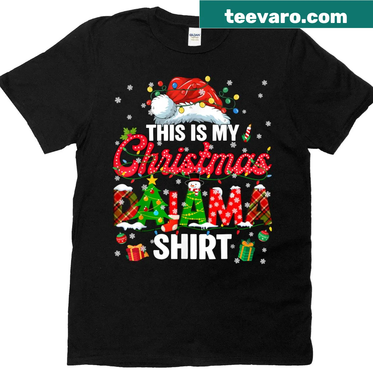 Christmas Pajamas themed T-shirt with playful text design — on a men's t-shirt