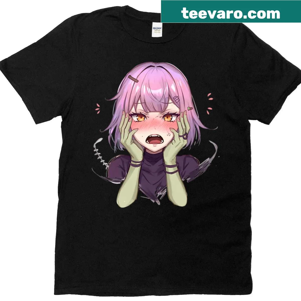 Anime zombie girl T-shirt depicting tiredness and undead themes — on a men's t-shirt