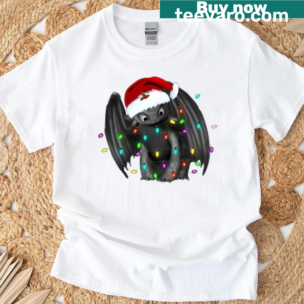 Toothless dragon with Christmas lights design on T-shirt — on a men's t-shirt