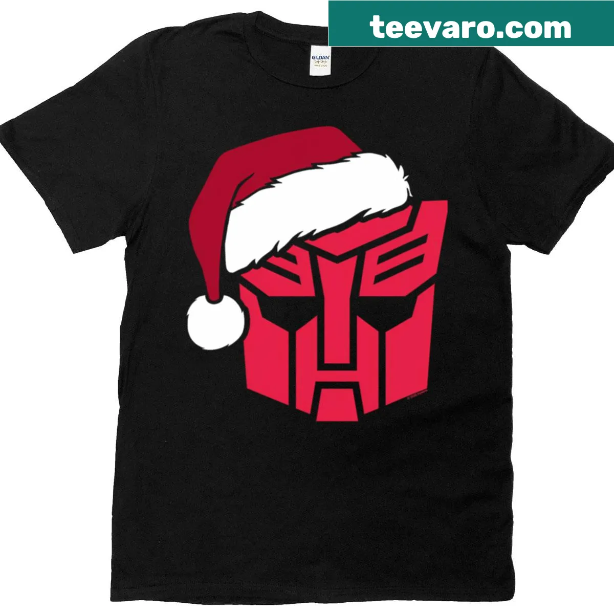 Transformers Christmas T-shirt with Autobots in Santa hats — on a men's t-shirt