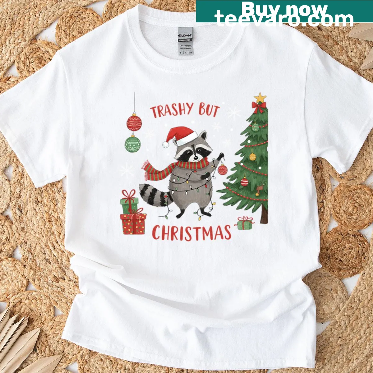 Funny Christmas T-shirt featuring a raccoon and the phrase 'Trashy But Classy' — on a men's t-shirt
