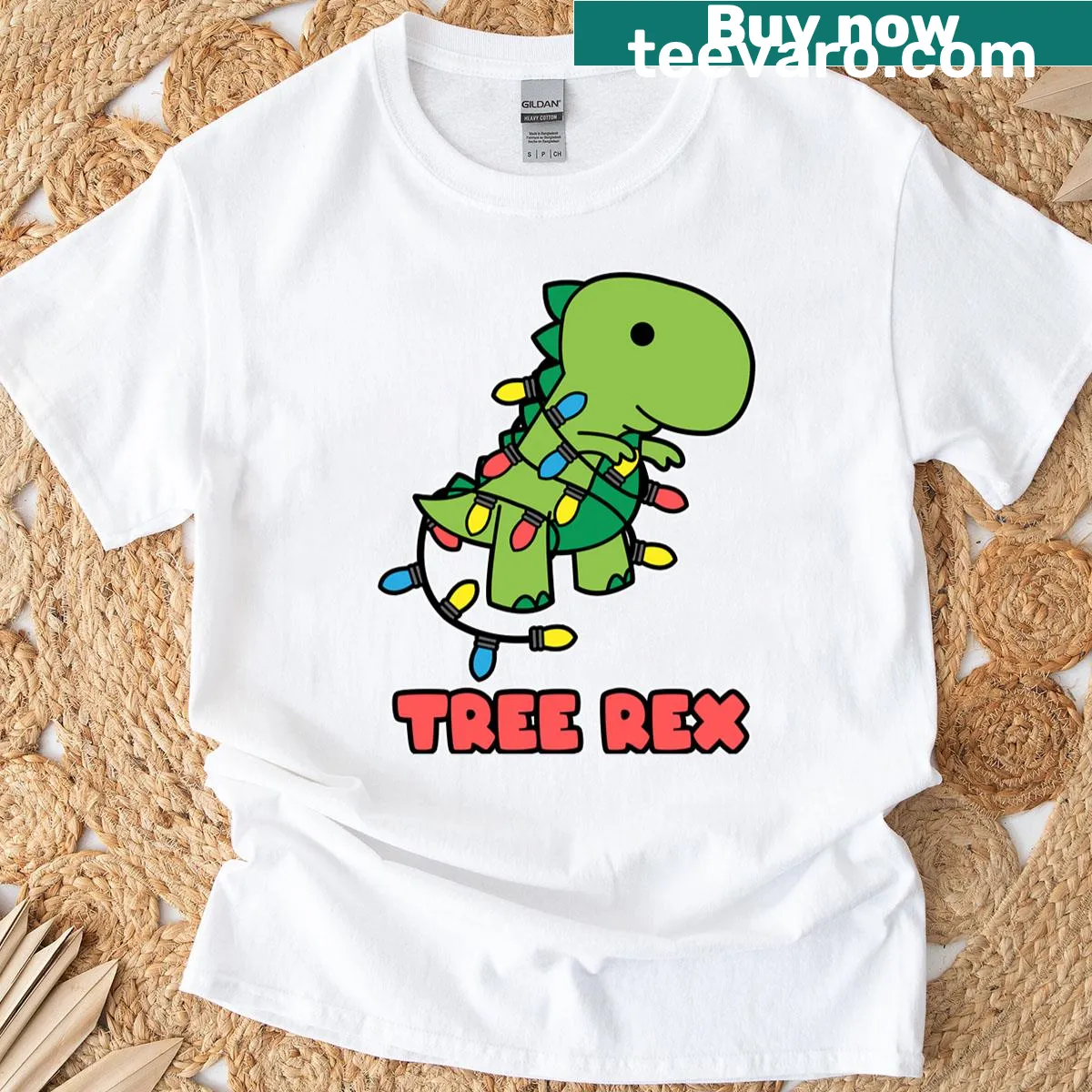 Playful T-shirt featuring a whimsical Tree Rex dinosaur design — on a men's t-shirt