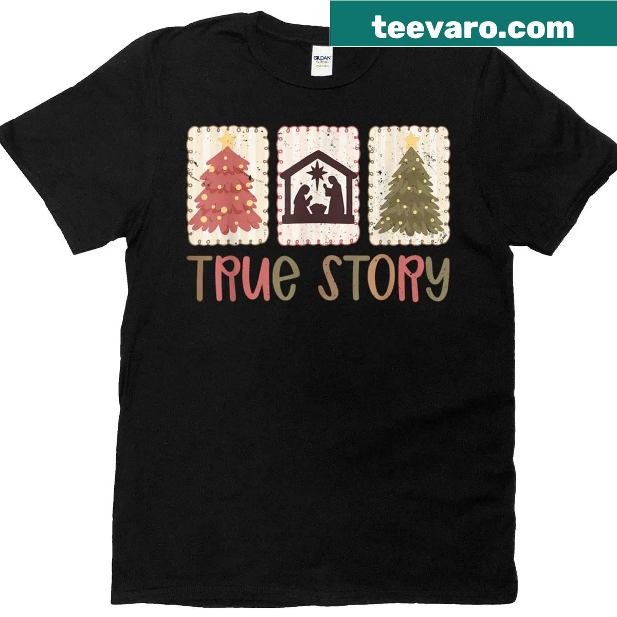 Nativity scene illustration T-shirt celebrating the birth of Jesus for Christmas. — on a men's t-shirt
