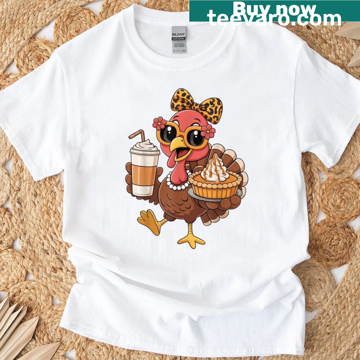 Cute turkey with coffee and bow on a Thanksgiving T-shirt — on a men's t-shirt