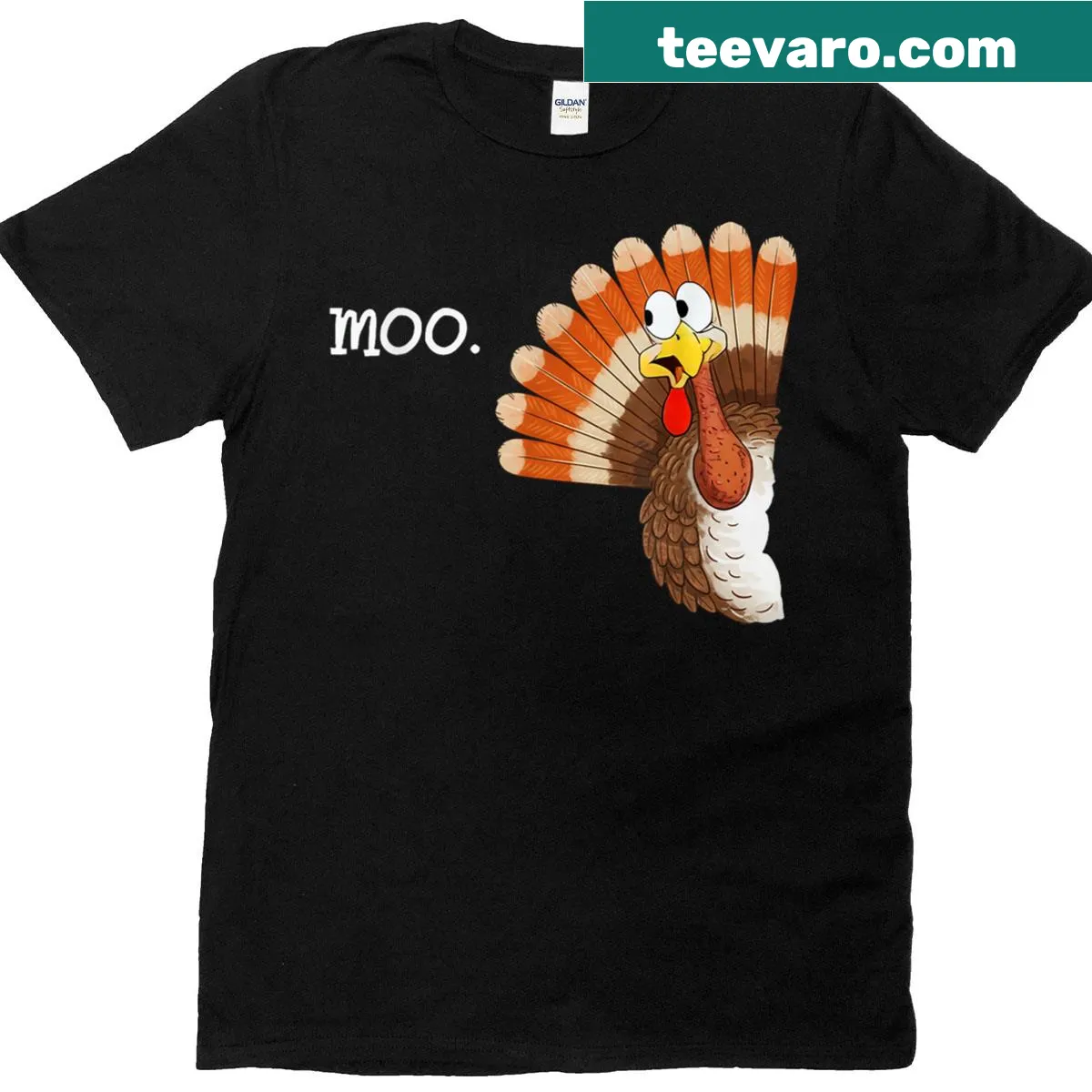 Funny turkey and cow graphic on Thanksgiving T-shirt — on a men's t-shirt