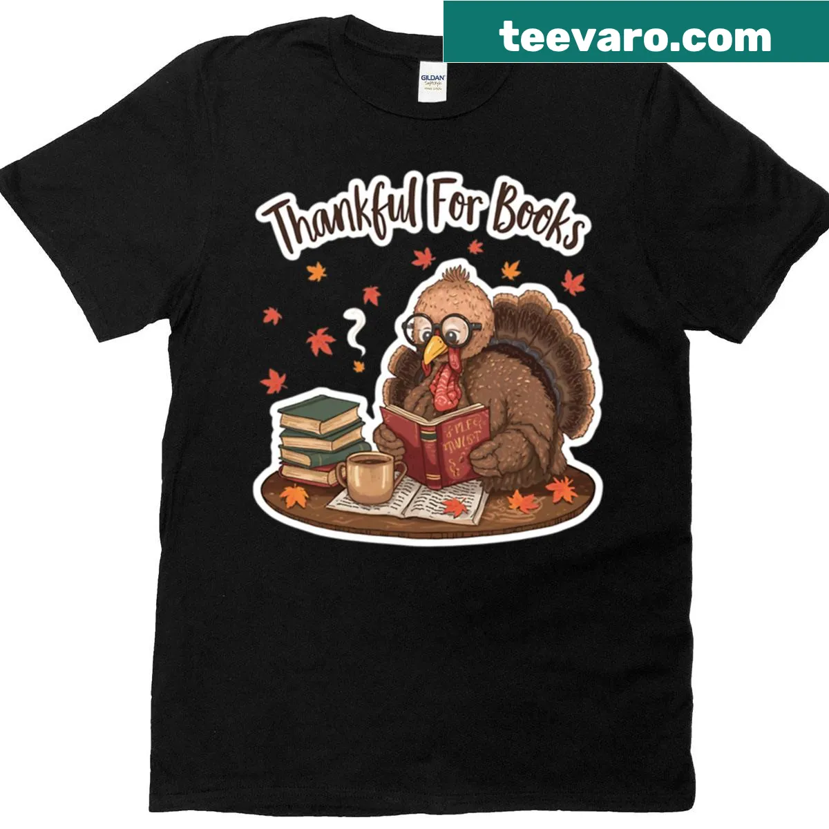 Turkey reading books Thanksgiving teacher t-shirt with charming graphics — on a men's t-shirt