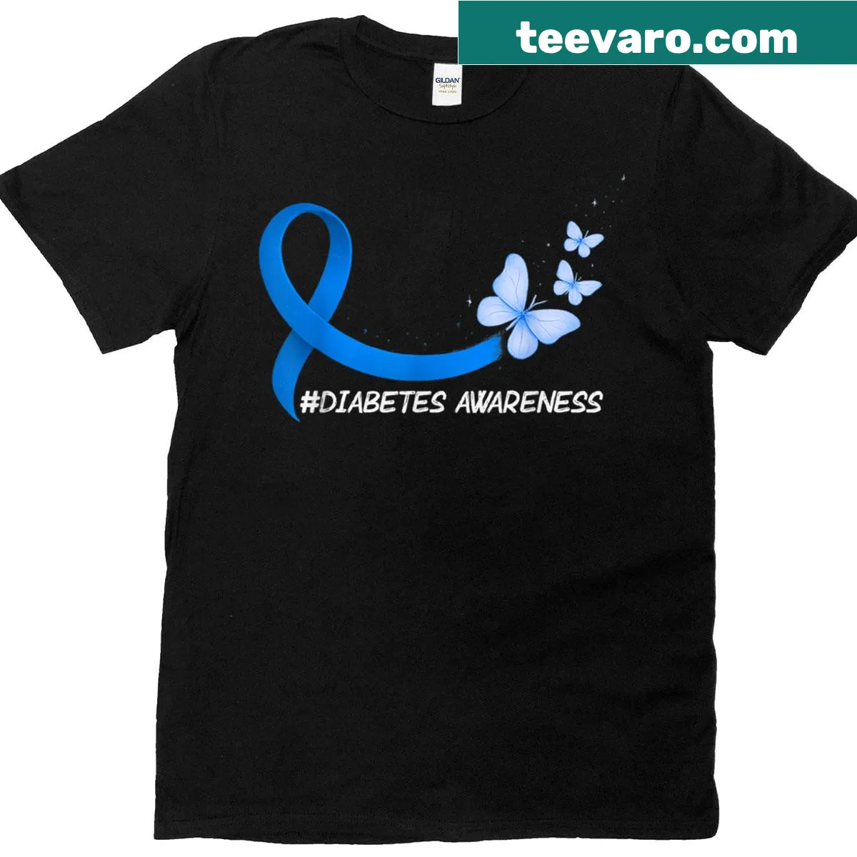 T1D awareness T-shirt with a blue butterfly and ribbon design — on a men's t-shirt