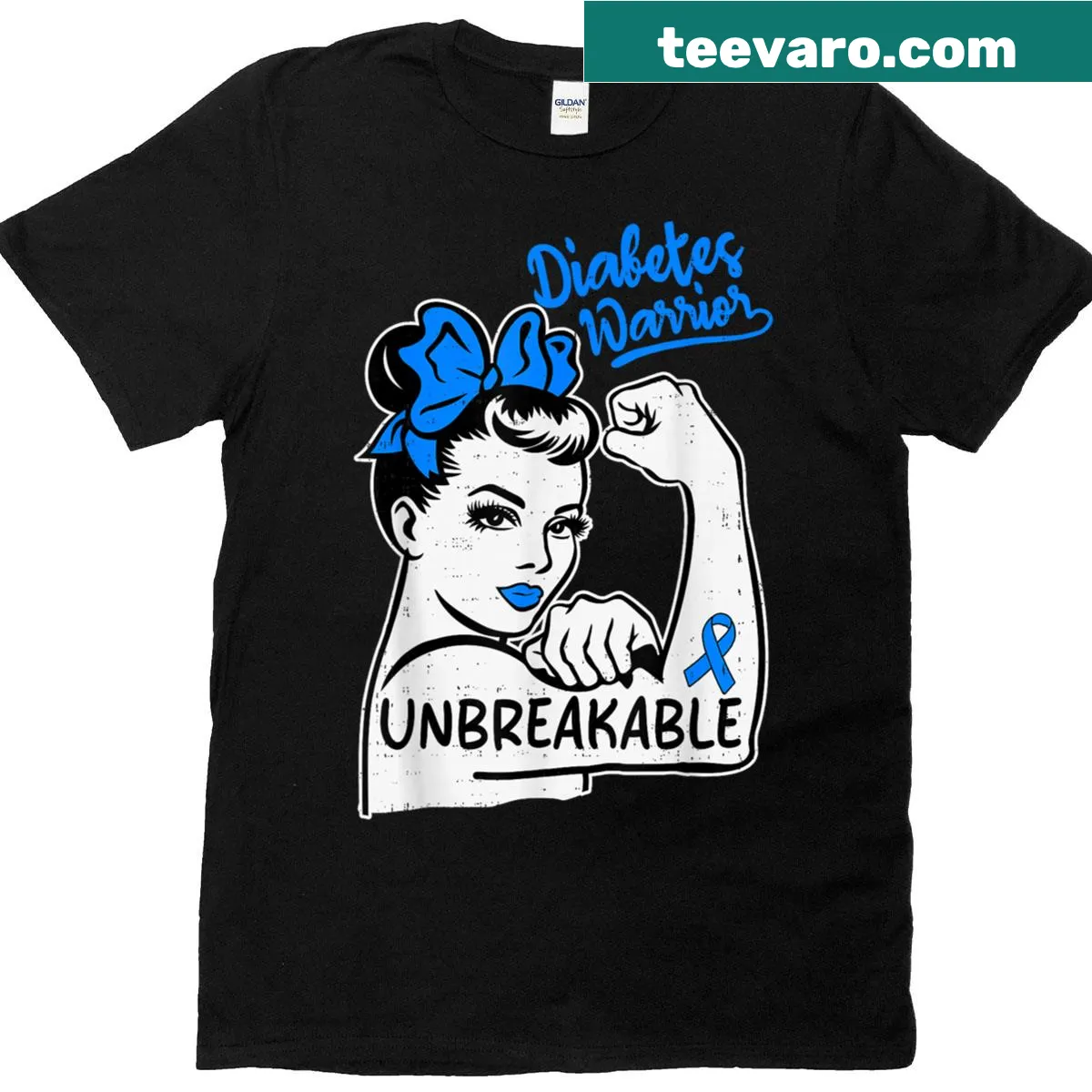 Inspirational women's t-shirt for Type 1 Diabetes awareness with blue ribbon — on a men's t-shirt