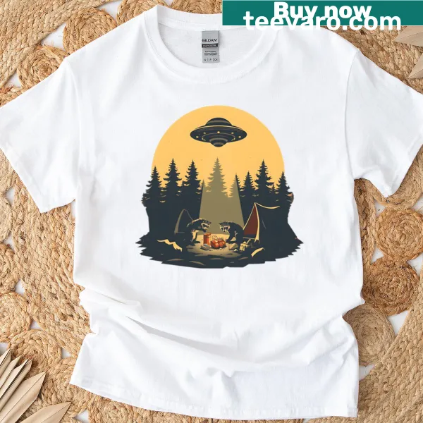Quirky UFO raccoon observation t-shirt design