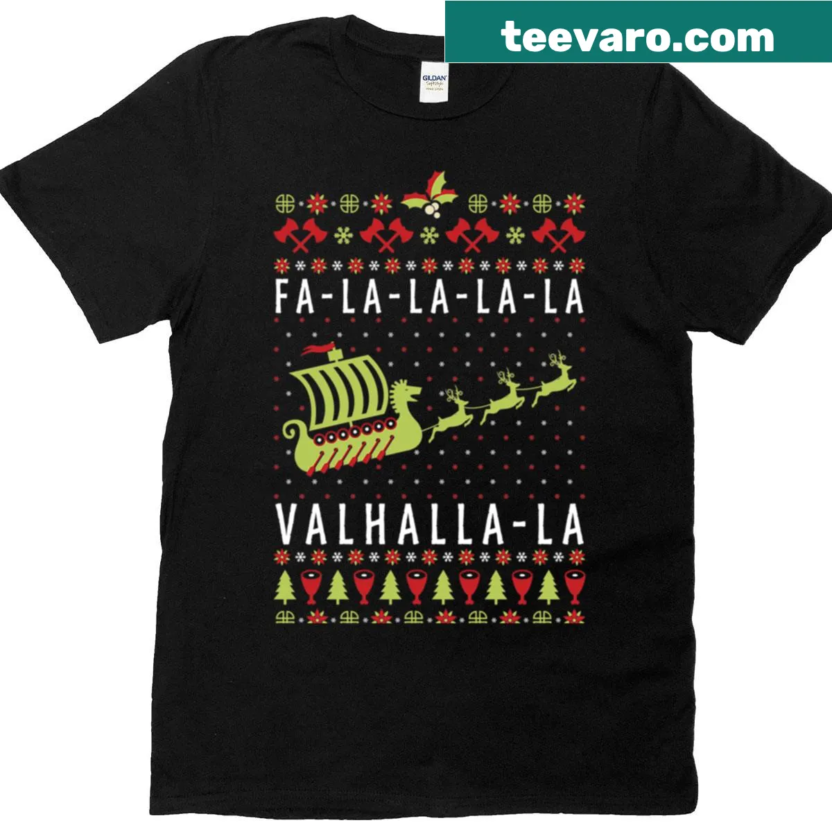 Viking ship sailing with decorations in a Christmas-themed design — on a men's t-shirt
