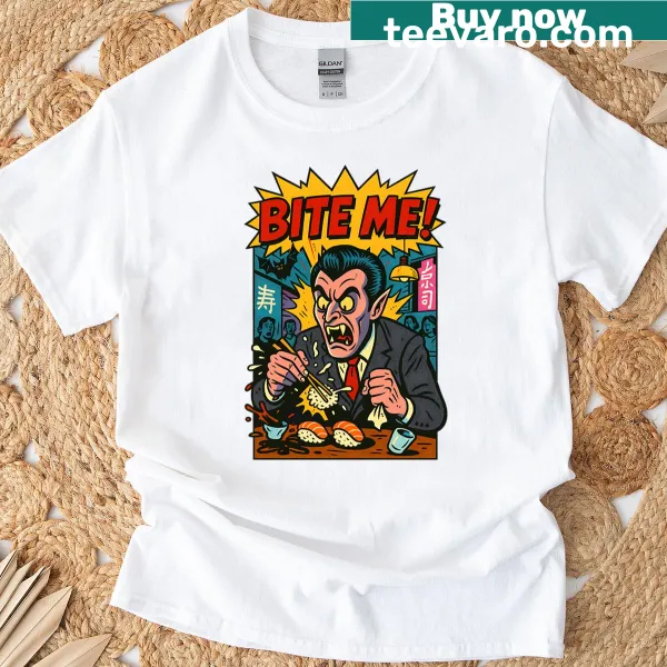 Oversized Halloween t-shirt with vampire sushi pop art