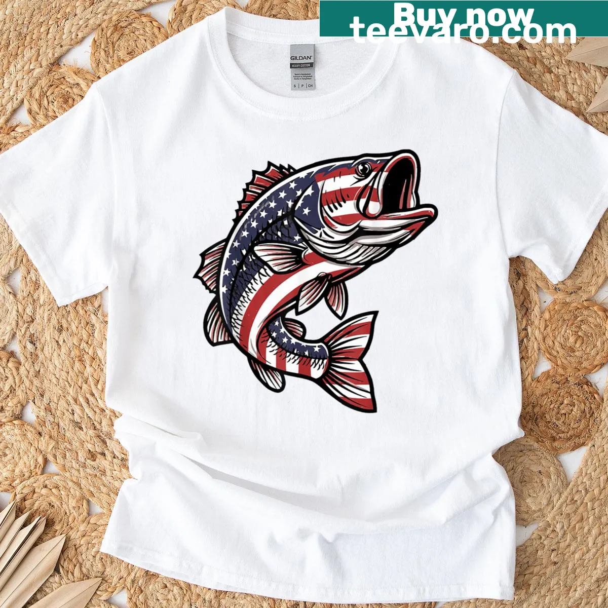 Vintage bass fishing t-shirt with American flag design — on a men's t-shirt