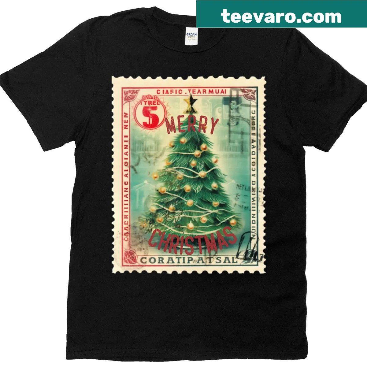 Vintage-style T-shirt featuring a Christmas tree and stamp design — on a men's t-shirt