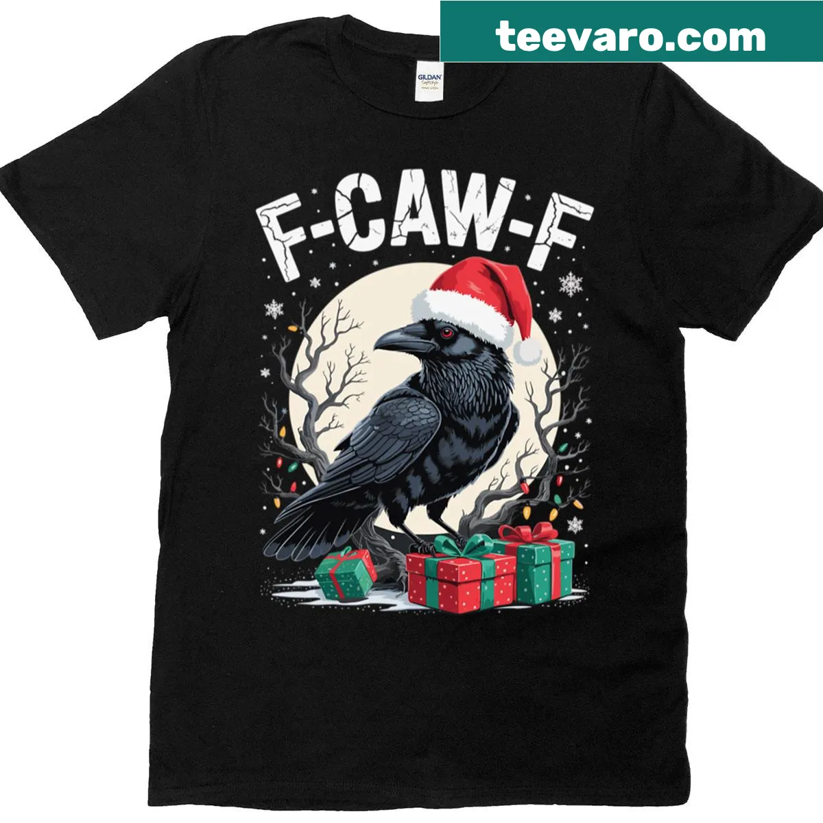 Vintage-style t-shirt featuring a crow in a Santa hat — on a men's t-shirt