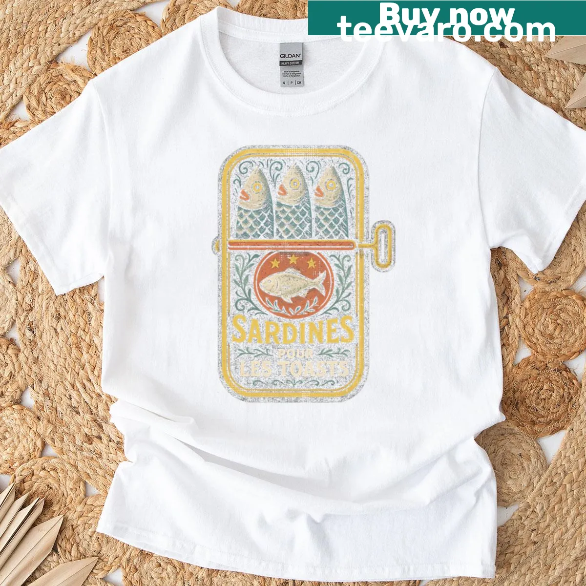 Funny vintage t-shirt with 'Sardines Queen' text — on a men's t-shirt