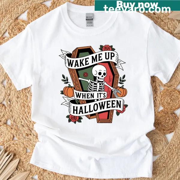 Halloween-themed t-shirt with 'Wake Me Up Halloween' text design