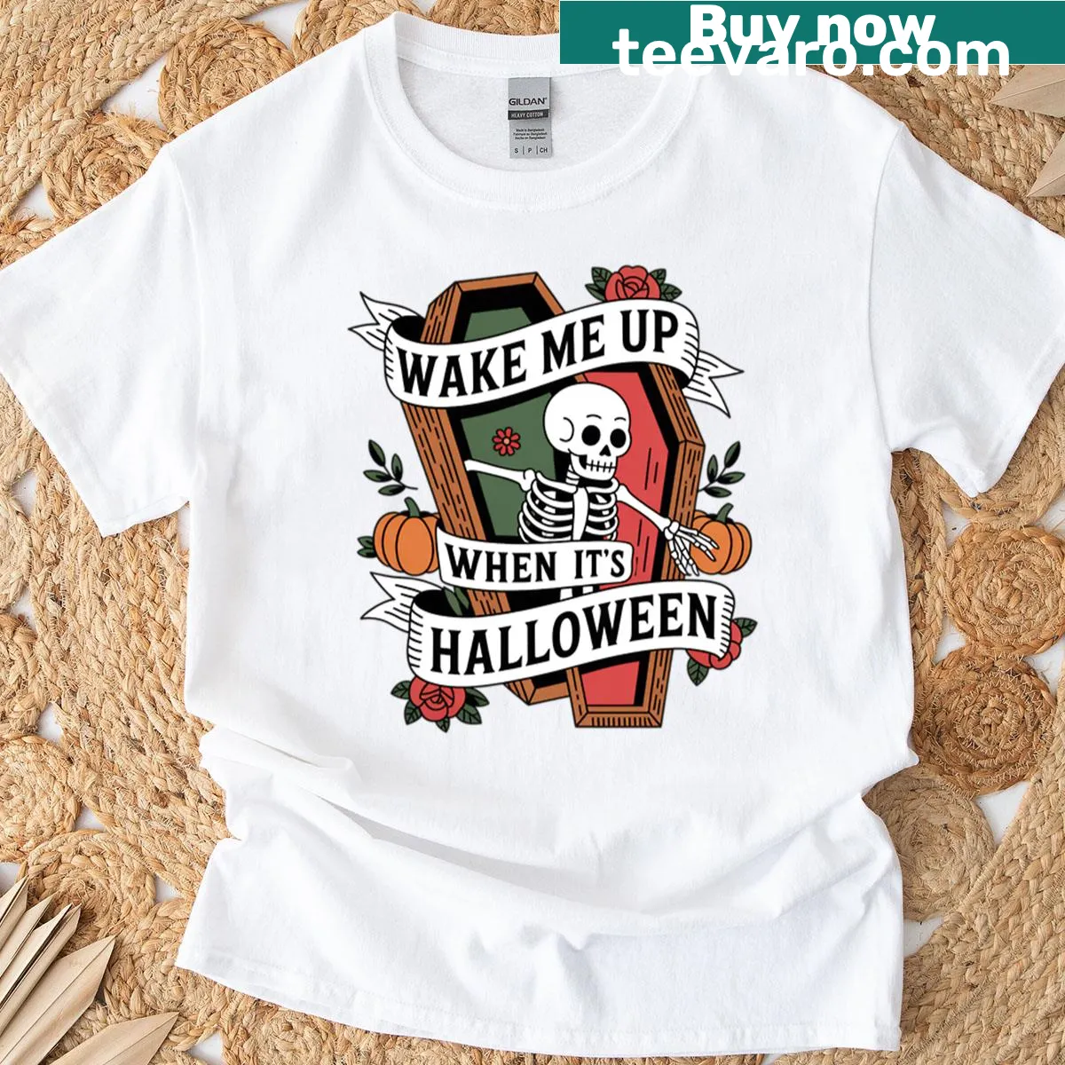 Halloween-themed t-shirt with 'Wake Me Up Halloween' text design — on a men's t-shirt