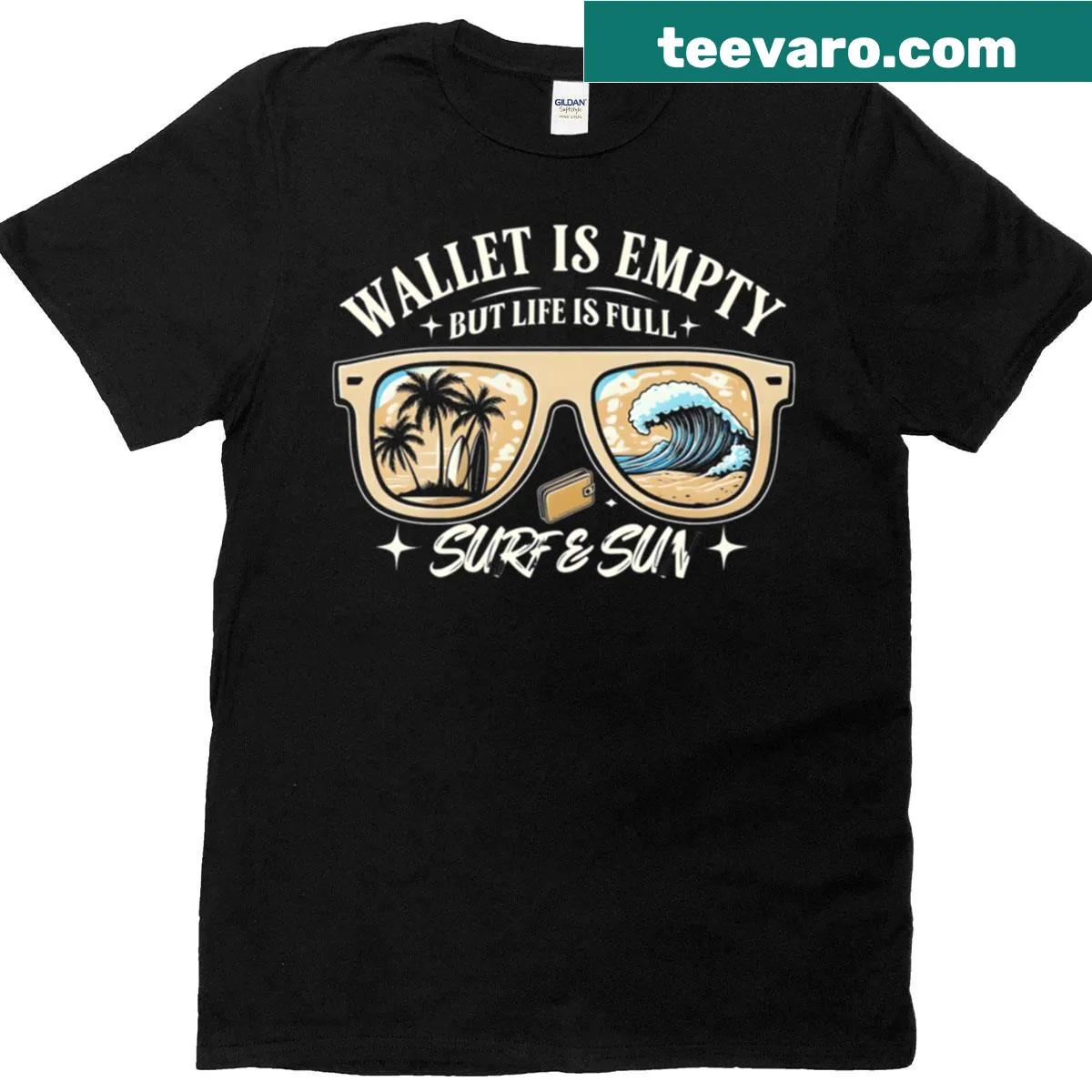 Retro beach vibes t-shirt with surfboards and sun graphic — on a men's t-shirt