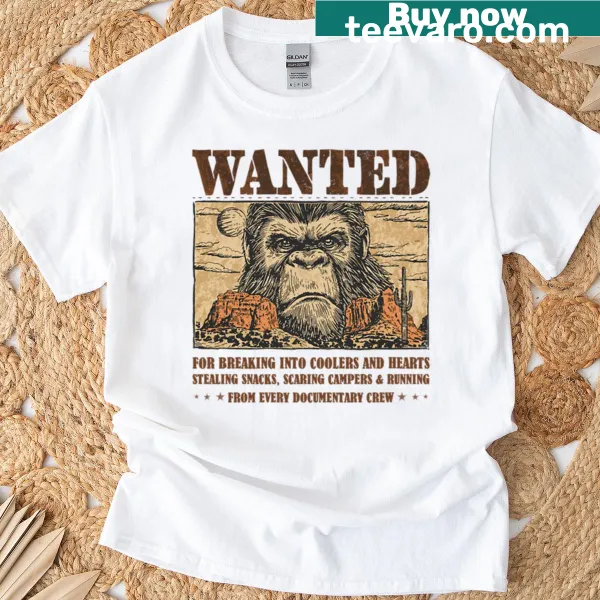 Graphic T-shirt featuring a 'Wanted Bigfoot' design
