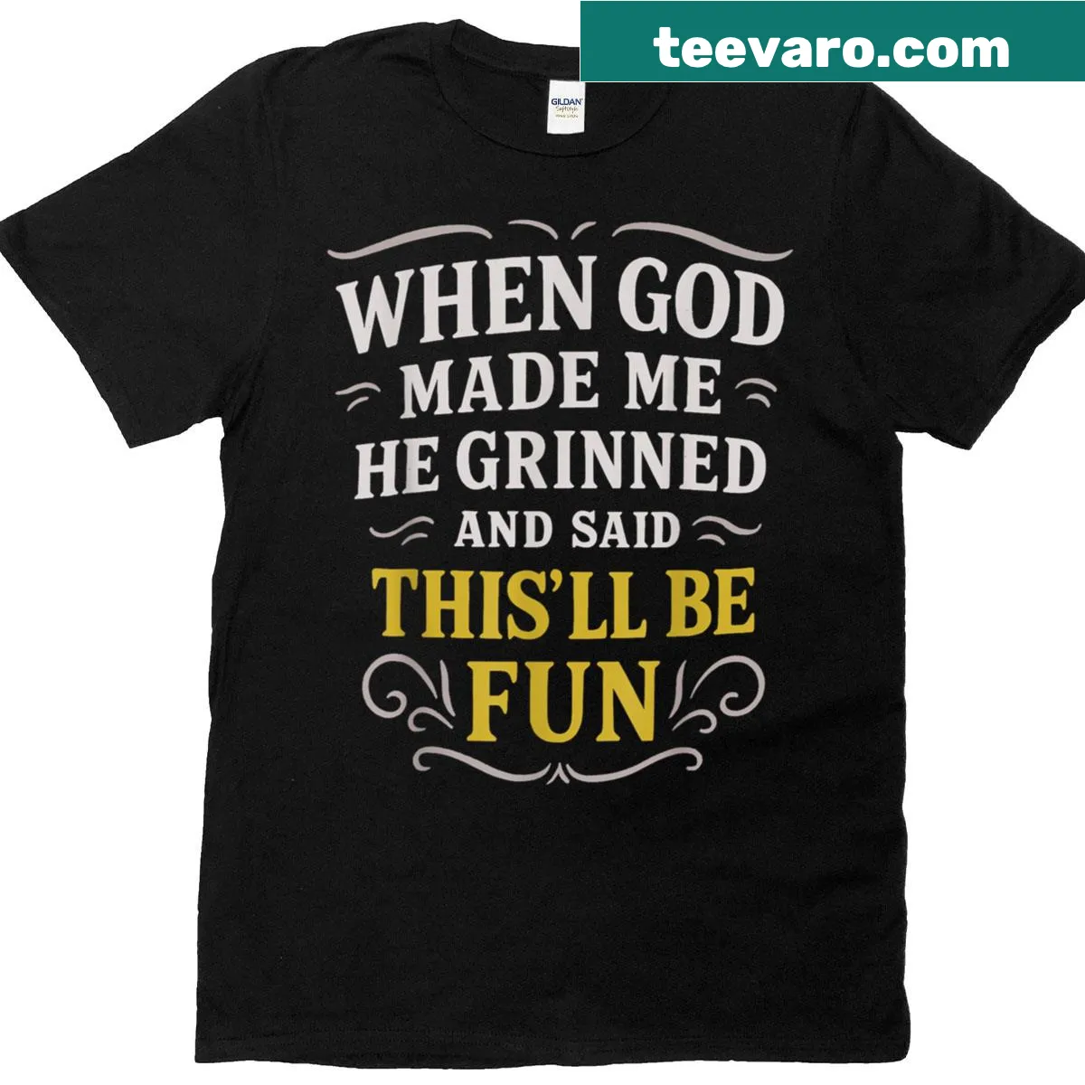 Funny graphic t-shirt with humorous text about divine purpose — on a men's t-shirt