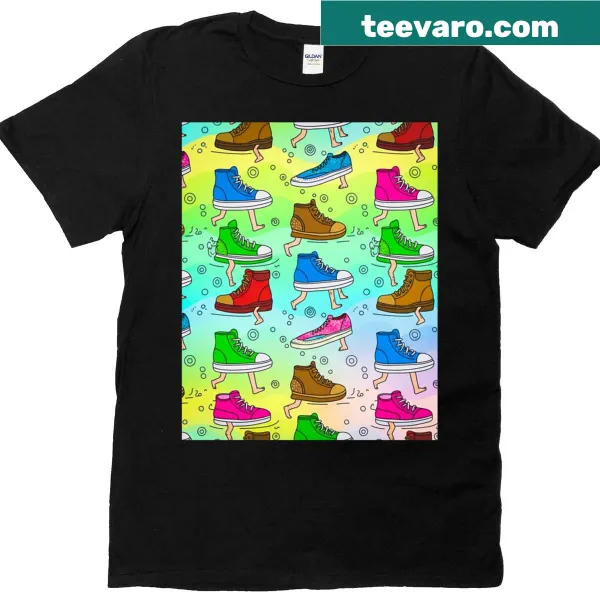Surreal walking shoes design graphic t-shirt with playful sneaker art