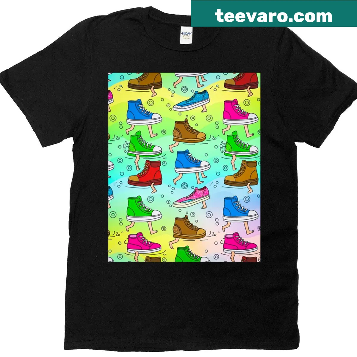 Surreal walking shoes design graphic t-shirt with playful sneaker art — on a men's t-shirt