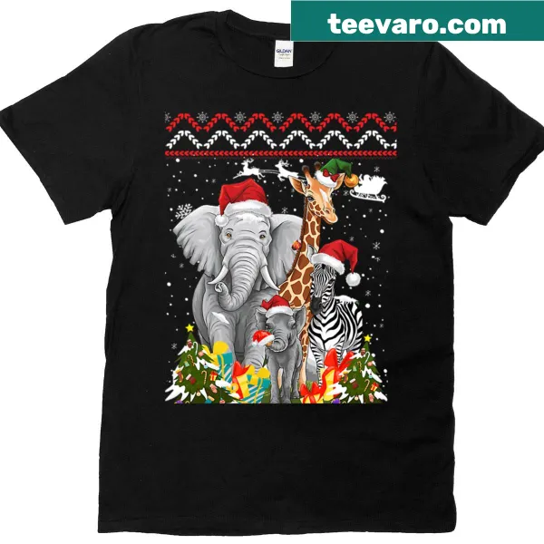 Christmas t-shirt featuring wild animals like elephants and giraffes