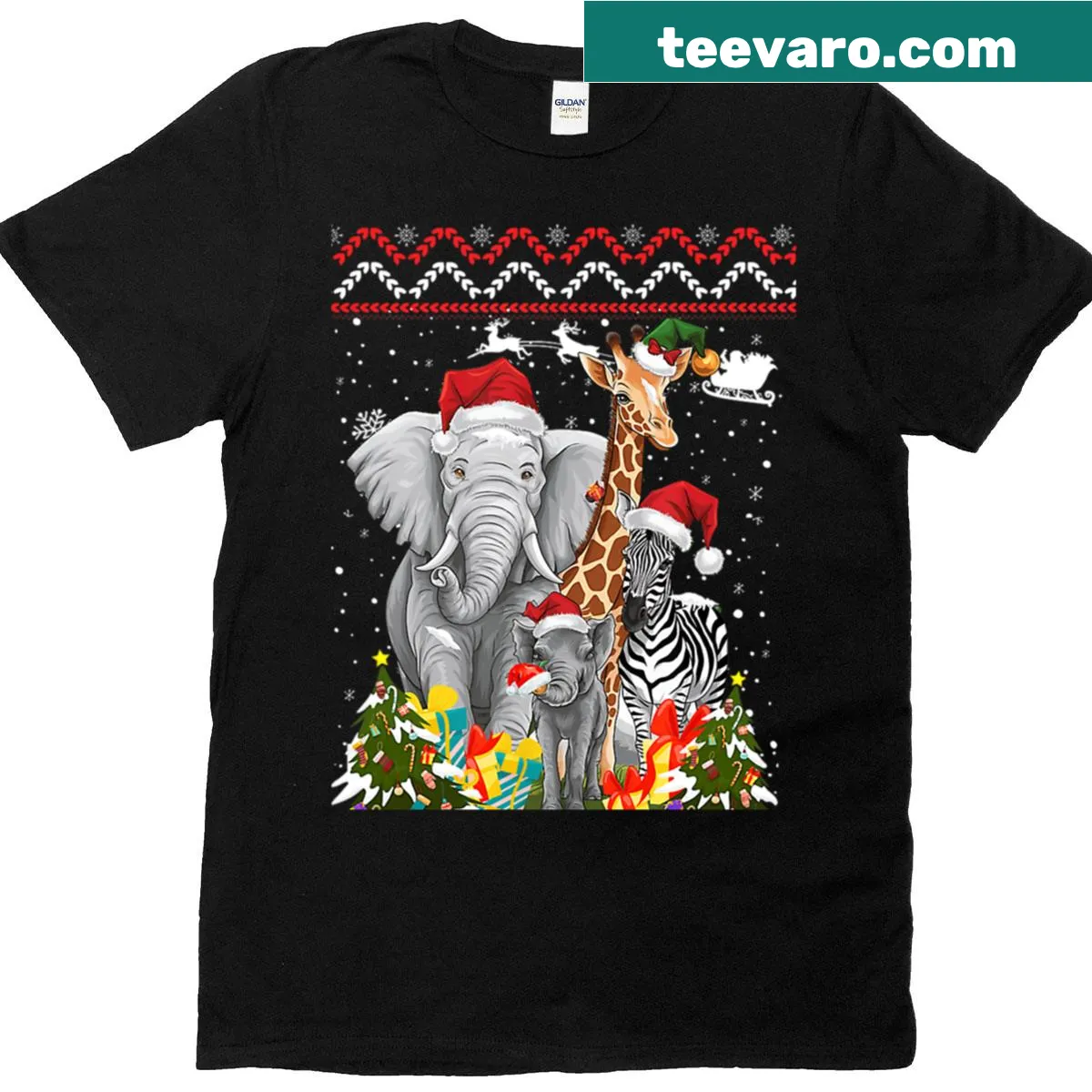 Christmas t-shirt featuring wild animals like elephants and giraffes — on a men's t-shirt
