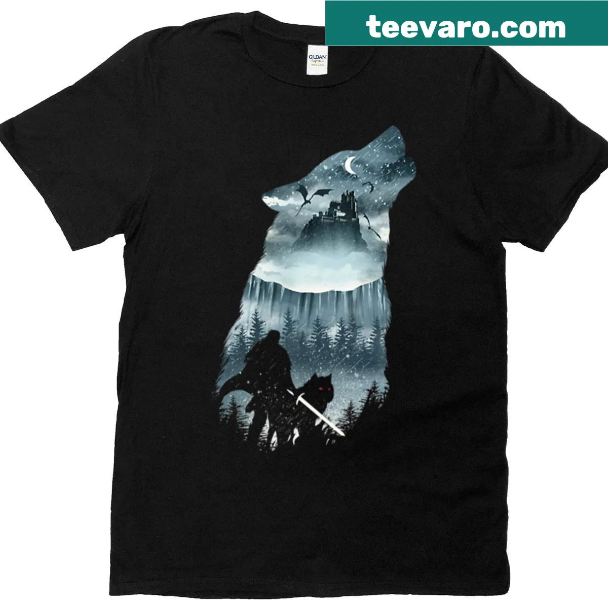 Charming winter-themed T-shirt featuring snowflakes and a peaceful landscape — on a men's t-shirt