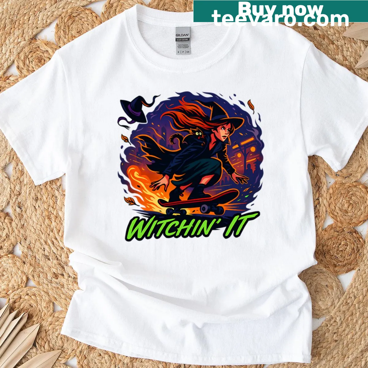 Oversized T-shirt featuring a cat witch on a skateboard for Halloween — on a men's t-shirt
