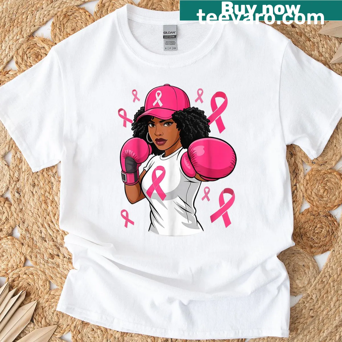 T-shirt featuring Afro design with pink ribbon for breast cancer awareness — on a men's t-shirt