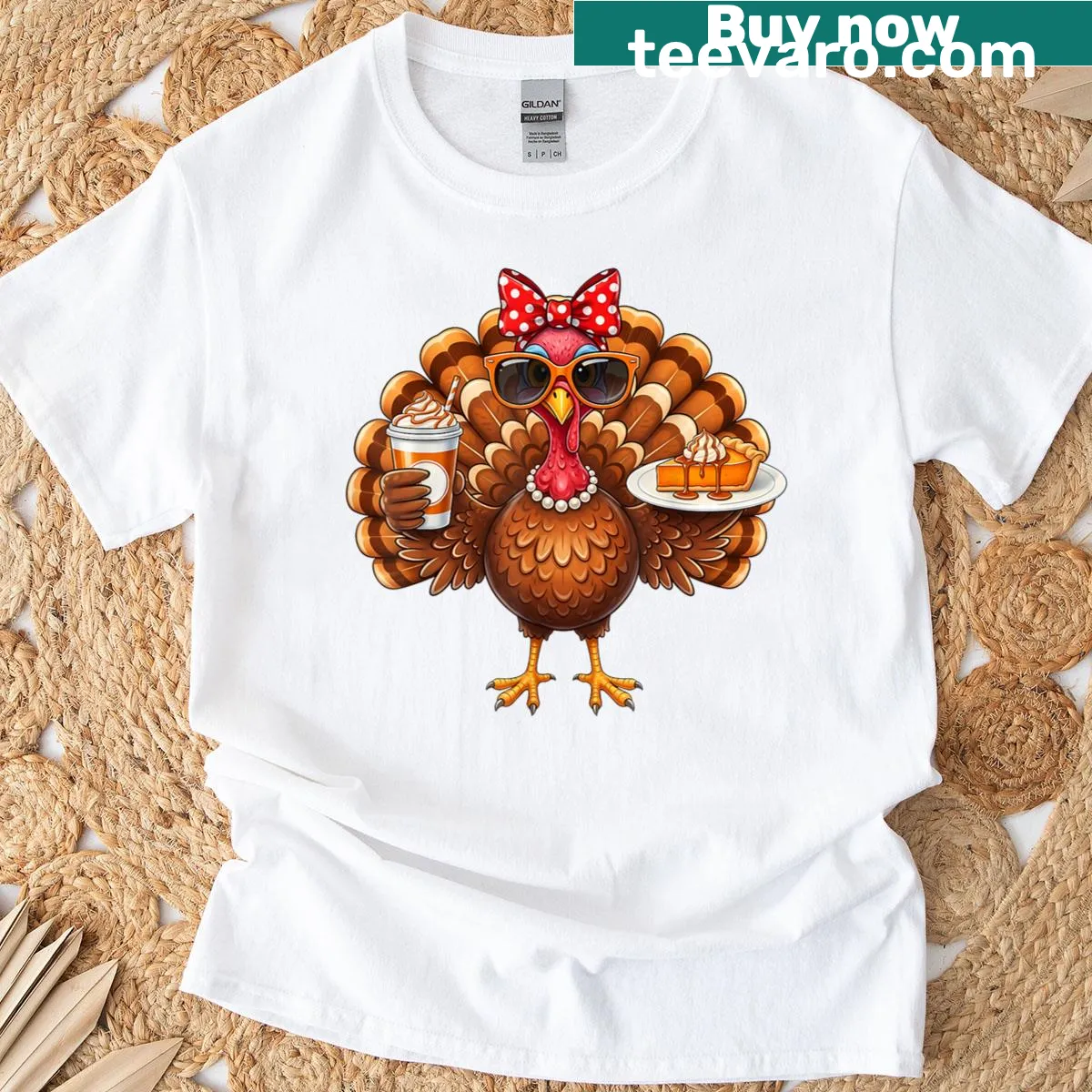 Thanksgiving T-shirt with turkey drinking coffee design — on a men's t-shirt
