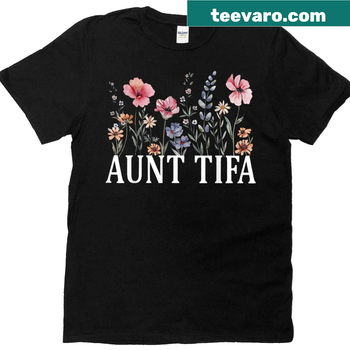 Vintage floral t-shirt with 'I Am Aunt Tifa' text — on a men's t-shirt