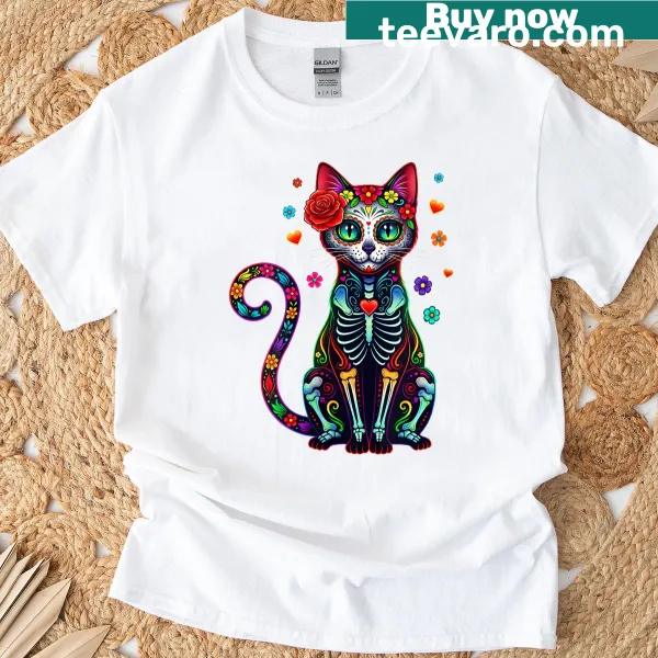 Intricate cat sugar skull design celebrating cultural heritage