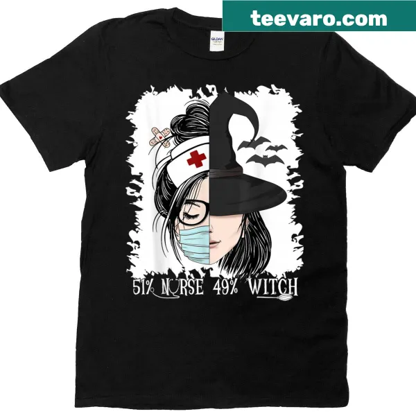 Cute Halloween T-shirt with design '51% Nurse, 49% Witch'