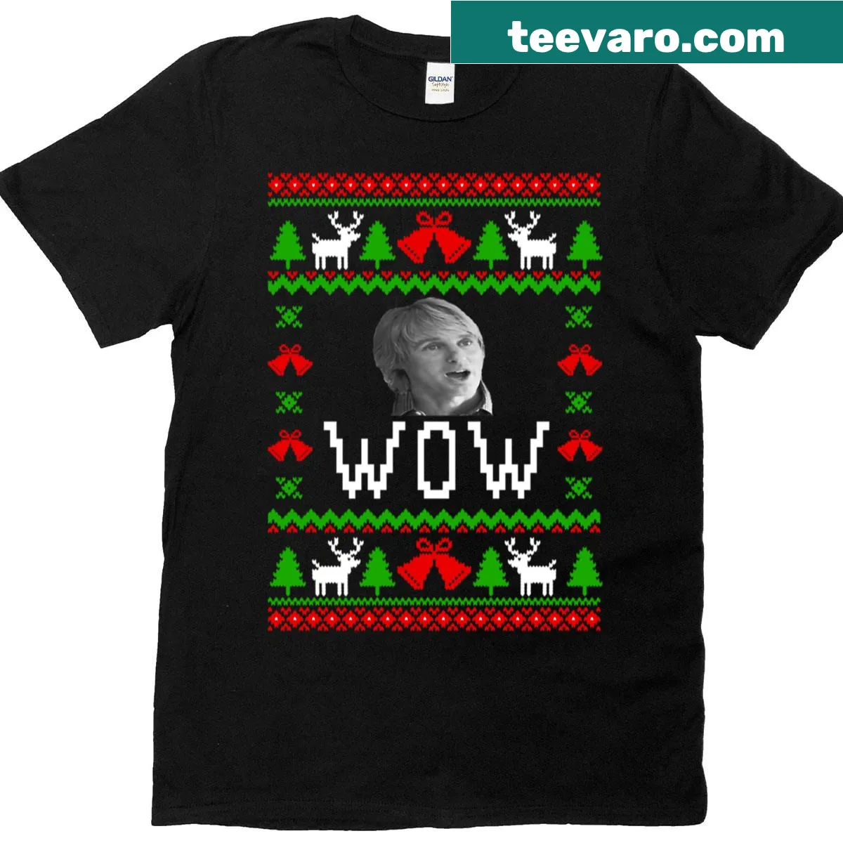 T-shirt with 'Wow - Owen Wilson' text in an ugly Christmas style — on a men's t-shirt